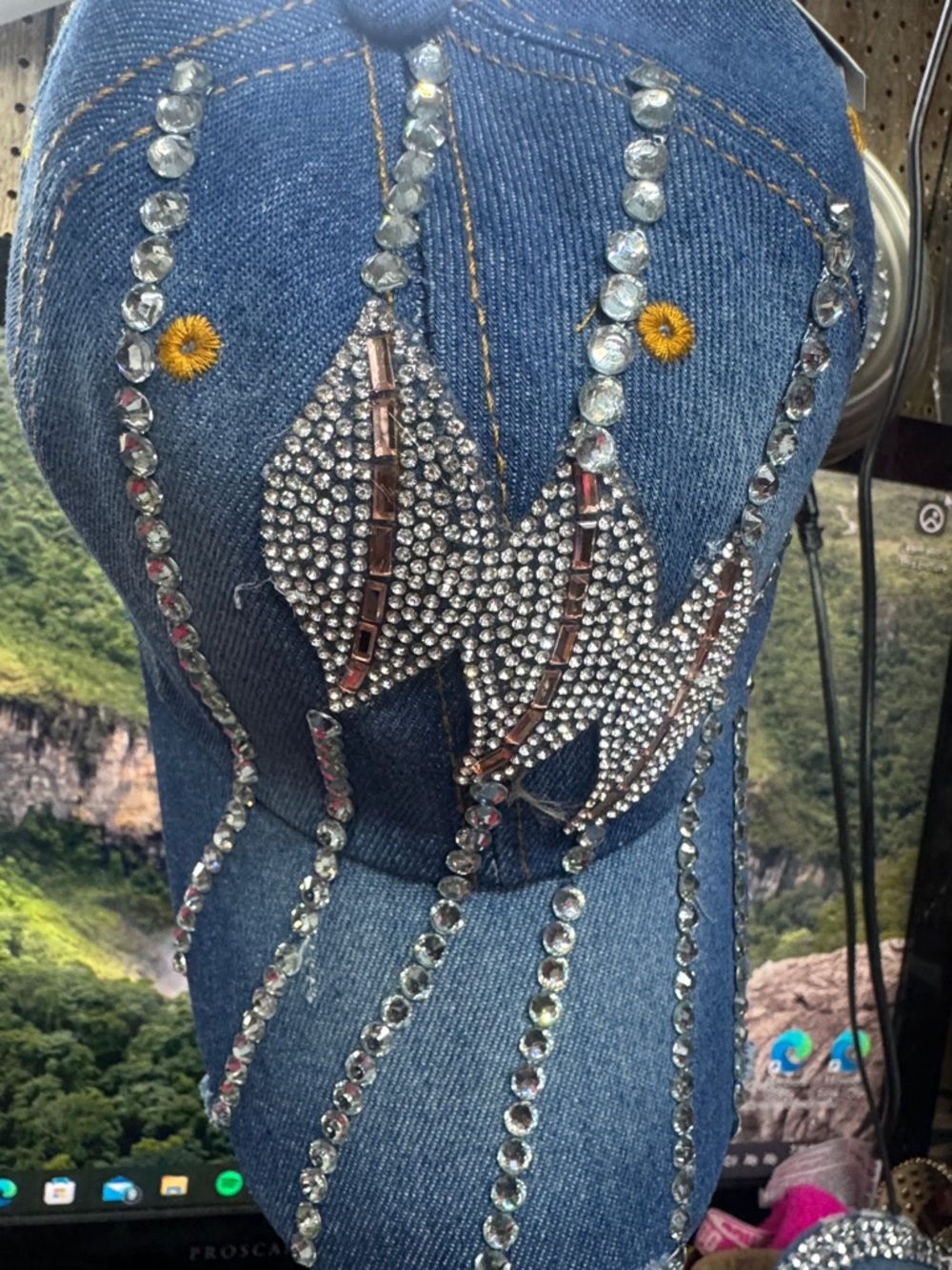 Rhinestone Denim Baseball Cap - Blue